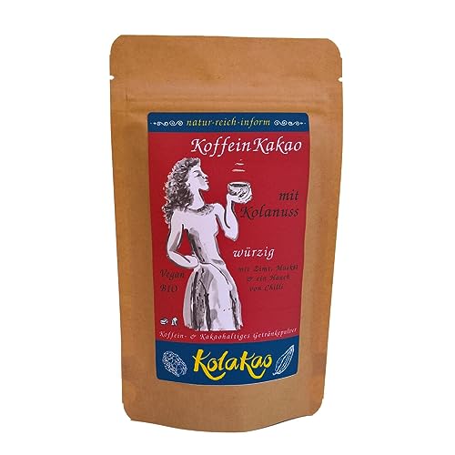 KolaKao würzig - der KoffeinKakao mit Kolanuss. Das Getränkepulver mit 40% koffeinhaltiger Kolanuss, Criollo-Edelkakao, gewürzt mit Zimt, Chilli & Muskat sowie dezent gesüßt. von natur-reich-inform