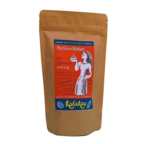 KolaKao würzig, ungesüßt - der KoffeinKakao mit über 45% koffeinhaltiger Kolanuss, schokoladig durch 45% Criollo-Edelkakao, gewürzt mit Zimt, Chilli & Muskat & gänzlich ohne Zuckerzugabe. von natur-reich-inform