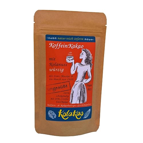 KolaKao würzig, ungesüßt - der KoffeinKakao mit über 45% koffeinhaltiger Kolanuss, schokoladig durch 45% Criollo-Edelkakao, gewürzt mit Zimt, Chilli & Muskat & gänzlich ohne Zuckerzugabe. von natur-reich-inform