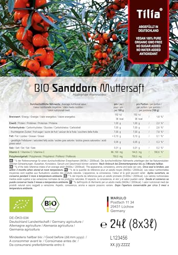 Tilia BIO Sanddorn Muttersaft - 100% Direktsaft 24 Liter (8 x 3 Liter) von naturi.me