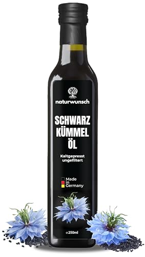 naturwunsch Schwarzkümmelöl 250ml, Ungefiltert, Kaltgepresst, Frisch in Deutschland hergestellt – 100% reines Nigella Sativa Öl naturwunsch Schwarzkümmelöl 250ml, Ungefiltert, Kaltgepresst, Frisch in Deutschland hergestellt – 100% reines Nigella Sativa Öl von naturwunsch