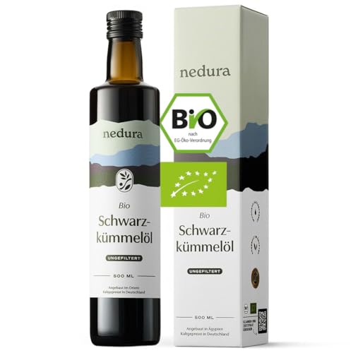 nedura® Schwarzkümmelöl BIO kaltgepresst (ungefiltert) 500ml – mit hohem Thymochinongehalt, BIO-Zertifiziert & 100% rein - täglich frisch & schonend gepresst - aus eigener Manufaktur von nedura
