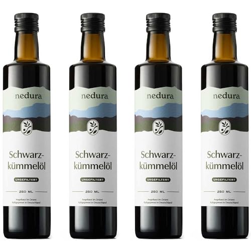 nedura® Schwarzkümmelöl kaltgepresst (ungefiltert) 4x 250ml – mit hohem Thymochinongehalt - 100% naturrein, zertifiziert - täglich frisch & schonend gepresst - direkt aus eigener Manufaktur von nedura