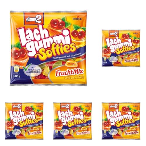 nimm2 Lachgummi Softies FruchtMix – 5 x 225g – Gefülltes Fruchtgummi mit Fruchtsaft und Vitaminen von nimm2 Lachgummi