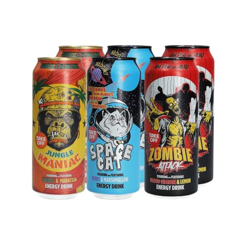 Take Off Energy Drink Gamingset 6er Mix, 2x Space Cat Berry & Marshmallow, 2x Jungle Mania Mango & Maracuja, 2x Zombie Attack Blutorange & Zitrone, 500ml Dosen für mehr power beim Zocken von nohawa