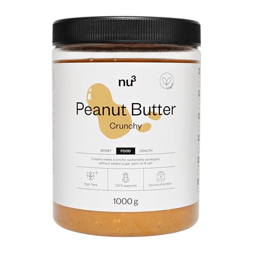 nu3 Vegan Protein Erdnussbutter ohne Zucker Crunchy (1kg) mit 28g Protein pro 100g - Peanut Butter mit natürlichem Erdnussmus ohne Zucker, Salz und Palmöl - glutenfreies, vielseitig nutzbares Nussmus von nu3