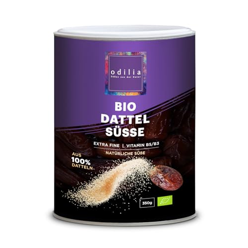 Bio Dattel Süsse - 100% Reine Deglet Nour Datteln - Natürlicher Zuckerersatz, Fein gemahlen mit 500 Mikron - Ideal für Backen & Kochen - Premium Qualität - (1 Dose x 350 Gramm) von odilia