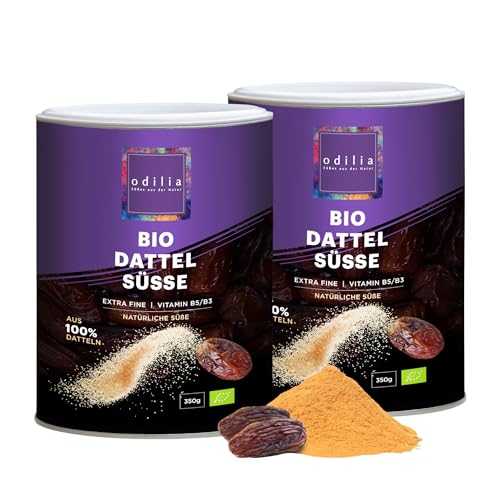 Bio Dattel Süsse - 100% Reine Deglet Nour Datteln - Natürlicher Zuckerersatz, Fein gemahlen mit 500 Mikron - Ideal für Backen & Kochen - Premium Qualität - (2 Dosen x 350 Gramm) von odilia
