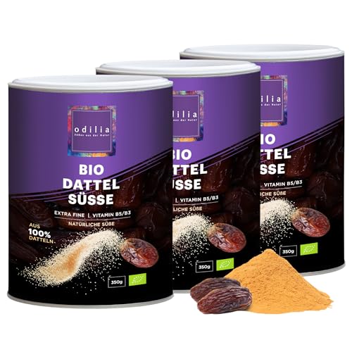 Bio Dattel Süsse - 100% Reine Deglet Nour Datteln - Natürlicher Zuckerersatz, Fein gemahlen mit 500 Mikron - Ideal für Backen & Kochen - Premium Qualität - (3 Dosen x 350 Gramm) von odilia