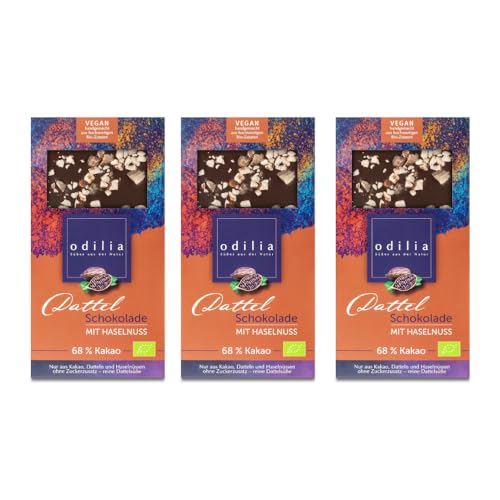 Odilia Bio Dattel Schokolade 3er Packung mit Haselnüssen & 68% Kakao | Ohne Zusatz von raffiniertem Zucker (Dattelsüsse) & Gluten-& laktosefrei & Ohne Konservierungsstoffe | Made in Germany von odilia