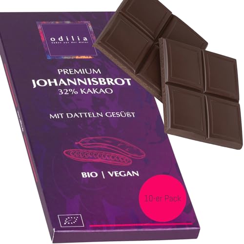 Schokolade "Johannisbrot" | MIT DATTELN gesüßt | vegan - bio - glutenfrei | odilia | 10 x PREMIUM Dattel-Schokolade ohne zugesetztem Zucker | rein pflanzlich | 10 x 70 Gramm von odilia