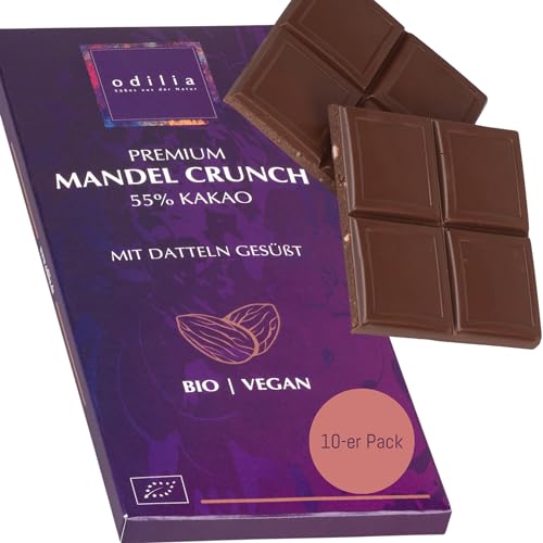 Schokolade "Mandel Crunch" | MIT DATTELN gesüßt | vegan - bio - glutenfrei | odilia | 10 x PREMIUM Dattel-Schokolade ohne zugesetztem Zucker | rein pflanzlich | 10 x 70 Gramm von odilia