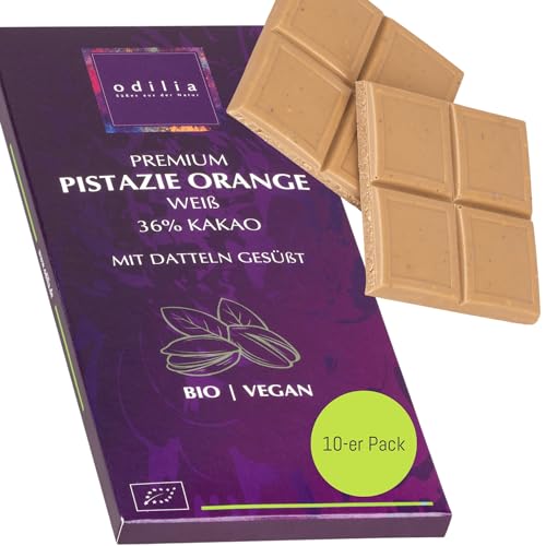 Schokolade "Pistazie Orange" | MIT DATTELN gesüßt | vegan - bio - glutenfrei | odilia | 10 x PREMIUM Dattel-Schokolade ohne zugesetztem Zucker | rein pflanzlich | 10 x 70 Gramm von odilia