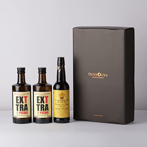 Exttra Picual 2 x 500 ml und Capirete 20 375 ml - Spanische Spezialitäten Geschenkkorb mit Natives Olivenöl Extra und Sherry Essig von olivaoliva