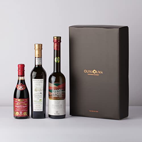 Rincon de la Subbetica 500 ml | Castillo de Canena Reserva Familiar Picual 500 ml | Giuseppe Guisti 3 Medaglie d'oro Champagnottina 375 ml - Geschenkkorb mit Natives Olivenöl Extra und Balsamico Essig von olivaoliva