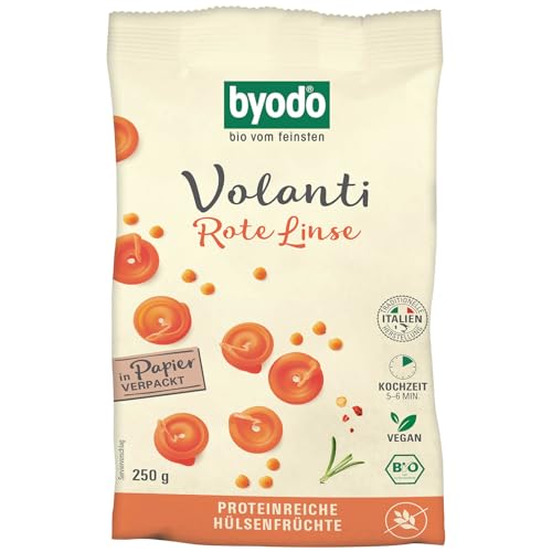 Byodo Bio-Volanti aus roten Linsen, 250g Packung - Vegane & vegetarische Pasta, protein- & ballaststoffreich, mit nussigem Aroma, Kochzeit 5-6 Min, traditionell italienisch von Byodo