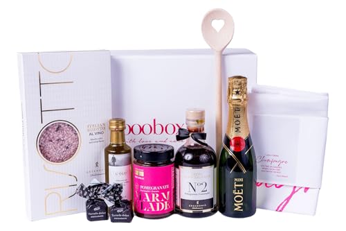 ooobox Feinkost Geschenkset mit Delikatessen I Als Dankeschön zu Weihnachten I Geschenke für Freunde, Familie, Mitarbeiter & Kollegen I Spezialitäten Präsentkorb mit Champagner, Risotto, Marmelda, Öl von ooobox