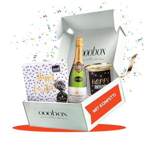 ooobox Geschenkset Happy Birthday [Sekt, Trüffelschokolade, Kuchen mit Kerze & Geburtstagsservietten] - Für Frauen & Männer | Geschenkidee zum Geburtstag | Perfekte Mitbringsel für Erwachsene von ooobox