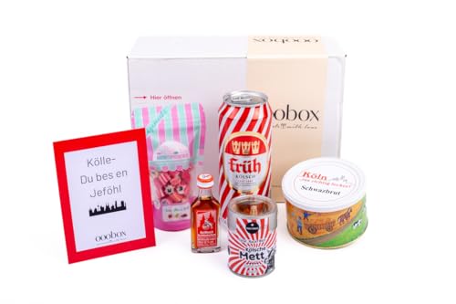 ooobox Mitbringsel Kölsche Grüße [Kräuterschnaps, Schwarzbrot, Mettgewürz, Kölsch & Geißbock-Schlückchen] - Für Frauen & Männer | Perfekt auch als Geschenkset für Erwachsene | Geschenkidee von ooobox