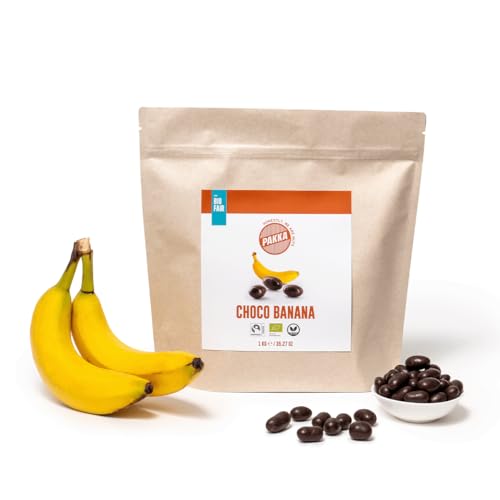 PAKKA Bio Fairtrade Schoko Bananen Drops, 1kg, Öko & Fair schokoliert, Bananen Dragees, direkt hergestellt und abgefüllt vom Produzenten in Kolumbien, vegan, dragiert, 1000g von pakka