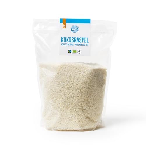 Bio Fairtrade aromatische Premium Kokosraspel zart-fein, 1000gr – 1 kg, Sri Lanka Vollfett-Kokos, Kokosnüsse, desiccated Coconut, vegan, Familienpackung, von Menschenhand geerntet, Value-Pack von pakka