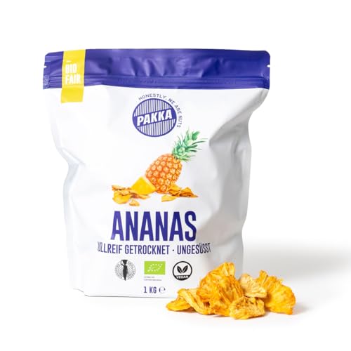 PAKKA Bio Fair Trade Ananas Stücke 1kg, Öko & Fair getrocknete Ananas, ungezuckert, ungeschwefelt, direkt hergestellt und abgefüllt vom Produzenten in Kolumbien, vegan 1000g von pakka