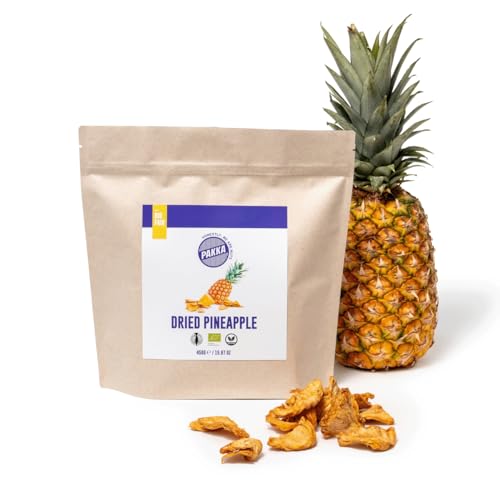 PAKKA Bio Fair Trade Ananas 450g, Öko & Fair getrocknete Ananas, ungezuckert, ungeschwefelt, direkt hergestellt und abgefüllt vom Produzenten in Kolumbien, vegan 450g (1er Pack) von pakka