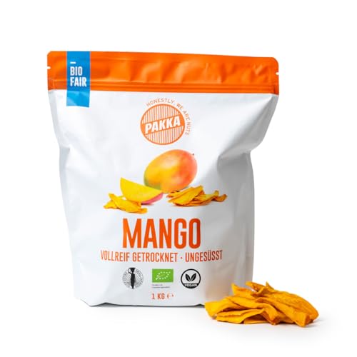 PAKKA Bio Fair Trade Mangos 1kg, Öko & Fair getrocknete Mango Stücke, ungezuckert, ungeschwefelt, direkt hergestellt und abgefüllt vom Produzenten in Kolumbien, vegan 1 kg (1er Pack) von pakka