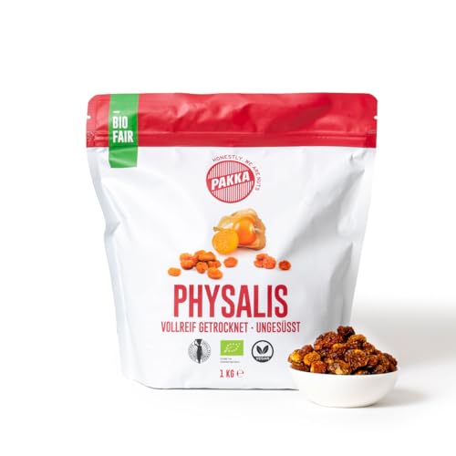 PAKKA Bio Fair Trade Physalis 1kg, Öko & Fair getrocknete Kapstachelbeeren, ungezuckert, ungeschwefelt, direkt hergestellt und abgefüllt vom Produzenten in Kolumbien, vegan 1000g (1er Pack) von pakka