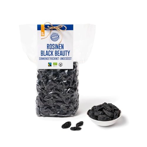 PAKKA - Bio Fairtrade Black Beauty Rosinen 600gr, Öko, kernlose, schwarze, sonnengetrocknete Weinbeeren, ungeölt daher klebrig, ungeschwefelt, direkt von Kleinbauern aus Samarkand in Usbekistan von pakka