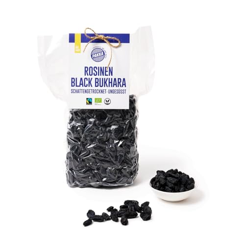 PAKKA - Bio Fairtrade Buchara Rosinen 1kg, kernlos, Jumbo schwarze Bukhara Weinbeeren schattengetrocknet, ungeölt daher klebrig, ungeschwefelt, direkt von Kleinbauern aus Samarkand in Usbekistan 1000g von pakka