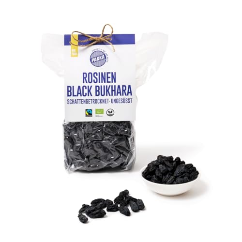 PAKKA - Bio Fairtrade Buchara Rosinen 600g, kernlos, Jumbo schwarze Bukhara Weinbeeren schattengetrocknet, ungeölt daher klebrig, ungeschwefelt, direkt von Kleinbauern aus Samarkand in Usbekistan 600g von pakka