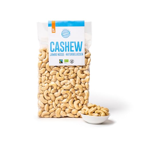 PAKKA Bio Fairtrade Jumbo Cashews nature, roh & ungeröstet, 1kg, indische Cashewkerne Öko & Fair, direkt hergestellt und abgefüllt vom Produzenten in Kerala, vegan, 1000g von pakka