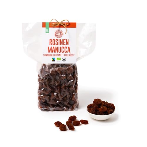 PAKKA - Bio Fairtrade Jumbo Manucca Rosinen 750gr mit 2 – 3 knusprigen Kernen, sonnengetrocknete Manukka Weinbeeren, ungeölt daher klebrig, ungeschwefelt, von Kleinbauern aus Samarkand Usbekistan von pakka