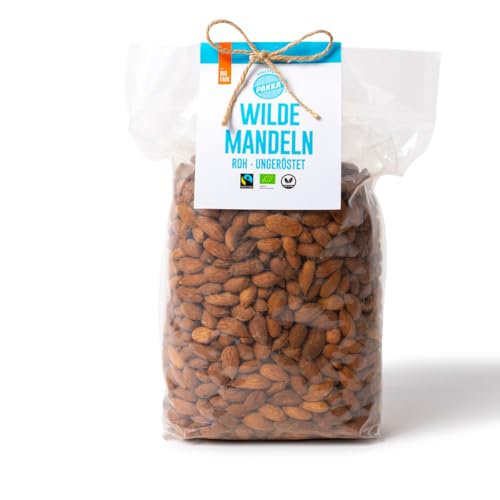 PAKKA - Bio Fairtrade Mandeln - rohe wilde Bergmandeln 1kg, Öko Mandelkerne mit brauner Haut, wildgesammelt direkt von Kleinbauern aus Samarkand in Usbekistan, vegan, Familienpackung, 1000g (1er Pack) von pakka
