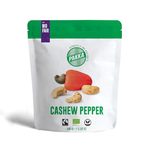 PAKKA Bio Fairtrade Pfeffer Cashews, 800gr – 0,8kg, Öko & Fair geröstet, Burkina Faso, gepfefferte Cashew Nüsse mit feinstem Malabar Pfeffer aus Indien, vegan, Familienpackung, Value-Pack 8x100g von pakka