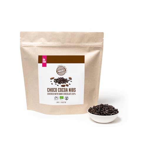 PAKKA Bio Fairtrade Schoko Kakao Nibs, 1kg, Öko & Fair schokoliert, Cacao Cocoa Nibs, direkt hergestellt und abgefüllt vom Produzenten in Kolumbien, vegan dragiert, 1000g (1er Pack) von pakka