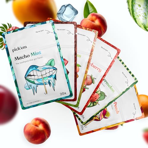 6-Pack XXL pick'em Zahnstocher mit Geschmack [ALLE 6 GESCHMÄCKER] - Minze, Pfirsich, Wassermelone, Erdbeere, Cola, Mango (6 x 20 Zahnstocher)- aromatisierte Zahnstocher - Zahnstocher mit Geschmack von pick'em