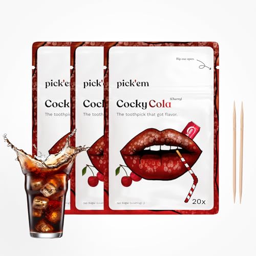 pick'em Cocky Cola Zahnstocher mit Geschmack 3er-Pack [60x Cola ZAHNSTOCHER] - aromatisierte Zahnstocher - die Lifestyle-Alternative zum Kaugummi - Zahnstocher mit Geschmack von pick'em