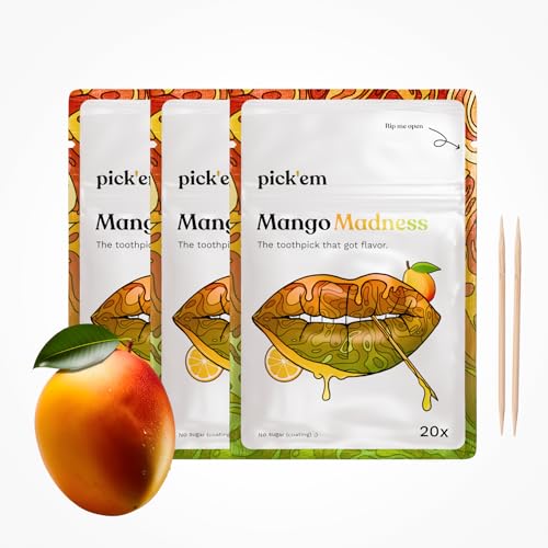 pick'em Mango Madness Zahnstocher mit Geschmack 3er-Pack [60x MANGO ZAHNSTOCHER] - aromatisierte Zahnstocher - die Lifestyle-Alternative zum Kaugummi - Zahnstocher mit Geschmack von pick'em