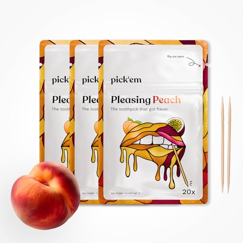 pick'em Pleasing Peach Zahnstocher mit Geschmack 3er-Pack [60x PFIRSICH ZAHNSTOCHER] - aromatisierte Zahnstocher - die Lifestyle-Alternative zum Kaugummi - Zahnstocher mit Geschmack von pick'em