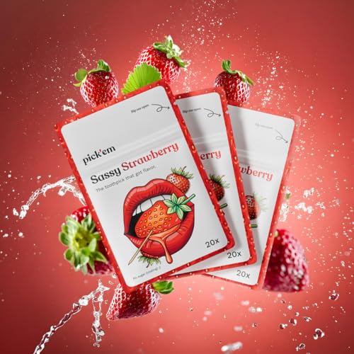pick'em Sassy Strawberry Zahnstocher mit Geschmack 3er-Pack [60x ERDBEER ZAHNSTOCHER] - aromatisierte Zahnstocher - die Lifestyle-Alternative zum Kaugummi - Zahnstocher mit Geschmack von pick'em