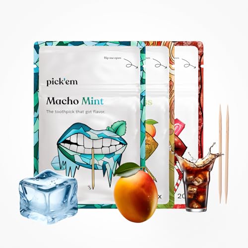 pick'em Zahnstocher mit Geschmack BESTSELLER 3-Pack [60x ZAHNSTOCHER] - Minze, Mango, Cola (unsere 3 Bestseller) - Zahnstocher mit Geschmack - aromatisierte Zahnstocher von pick'em