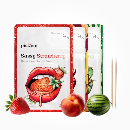 pick'em Zahnstocher mit Geschmack Tropisches 3er-Pack [60x ZAHNSTOCHER] - die Lifestyle-Alternative zum Kaugummi (fruchtig & tropisch) - Zahnstocher mit Geschmack - Zahnstocher aus Holz von pick'em