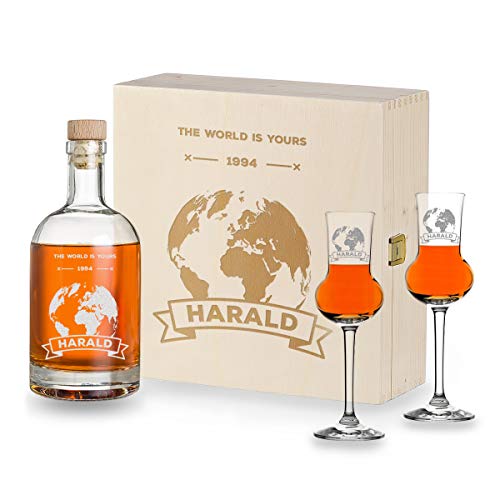 Likör-Genießer-Set 4-TLG | 2x Likörgläser 87 ml, 1x Flasche 700 ml und 1x gravierte Holzkiste | Mann, Papa, Opa | Schnaps Geschenk | mit Wunschgravur | Motiv Weltkugel Likör-Genießer-Set 4-TLG | 2x Likörgläser 87 ml, 1x Flasche 700 ml und 1x gravierte Holzkiste | Mann, Papa, Opa | Schnaps Geschenk | mit Wunschgravur | Motiv Weltkugel von polar-effekt