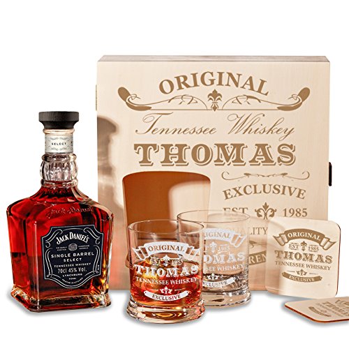 polar-effekt Whiskygläser und Holzkiste Personalisiert mit Gravur - Jack Daniel's Single Barrel Tennessee Whiskey - 6-TLG Whisky Geschenk-Set - Personalisiert zum Geburtstag Männergeschenk von polar-effekt
