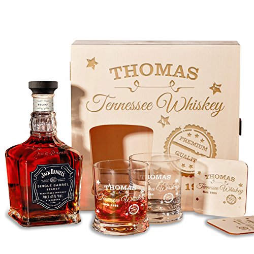 polar-effekt Holzkiste Personalisiert mit Gravur - mit Jack Daniel's Single Barrel Tennessee Whiskey - 6-TLG Whisky Geschenk-Set - Personalisiert zum Geburtstag Motiv - Stamp Design von polar-effekt