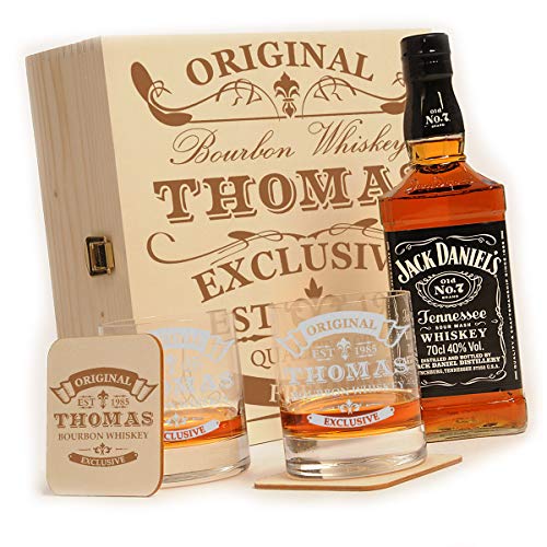 polar-effekt Whisky Geschenkset mit Gravur - Jack Daniels No.7 Flasche - 2 Untersetzer - 2 Whiskygläser - Männergeschenke personalisiert Geschenk zum Geburtstag von polar-effekt