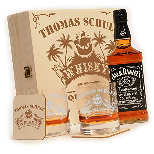 polar-effekt Whisky Geschenkset personalisiert - Jack Daniels No.7 Flasche - 2 Untersetzer - 2 Whiskygläser mit Gravur - Männergeschenk von polar-effekt