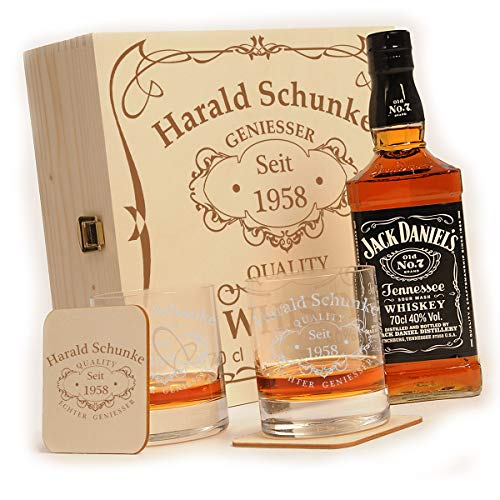 polar-effekt Whisky Geschenkset mit Gravur Jack Daniels No.7 Flasche - 2 Untersetzer - 2 Whiskygläser - Geburtstagsgeschenk für Männer von polar-effekt